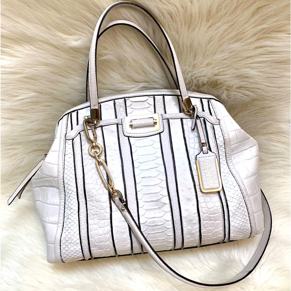 COACH Large White Leather MADISON Exotic Mixed Leather-Striped Satchel #30103 - Picture 1 of 16